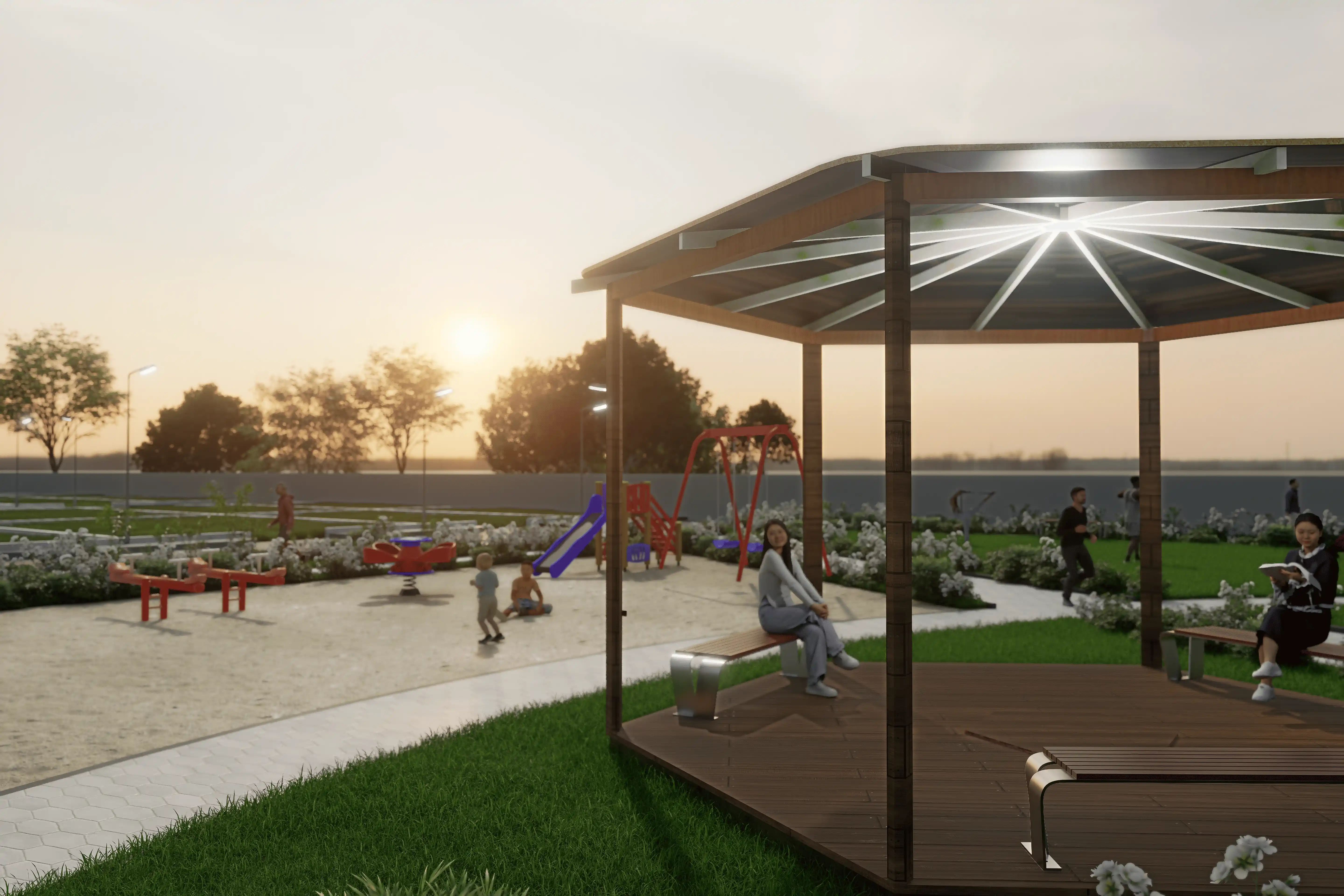 Kids play zone with gazebo and seating at Eterna resort plots